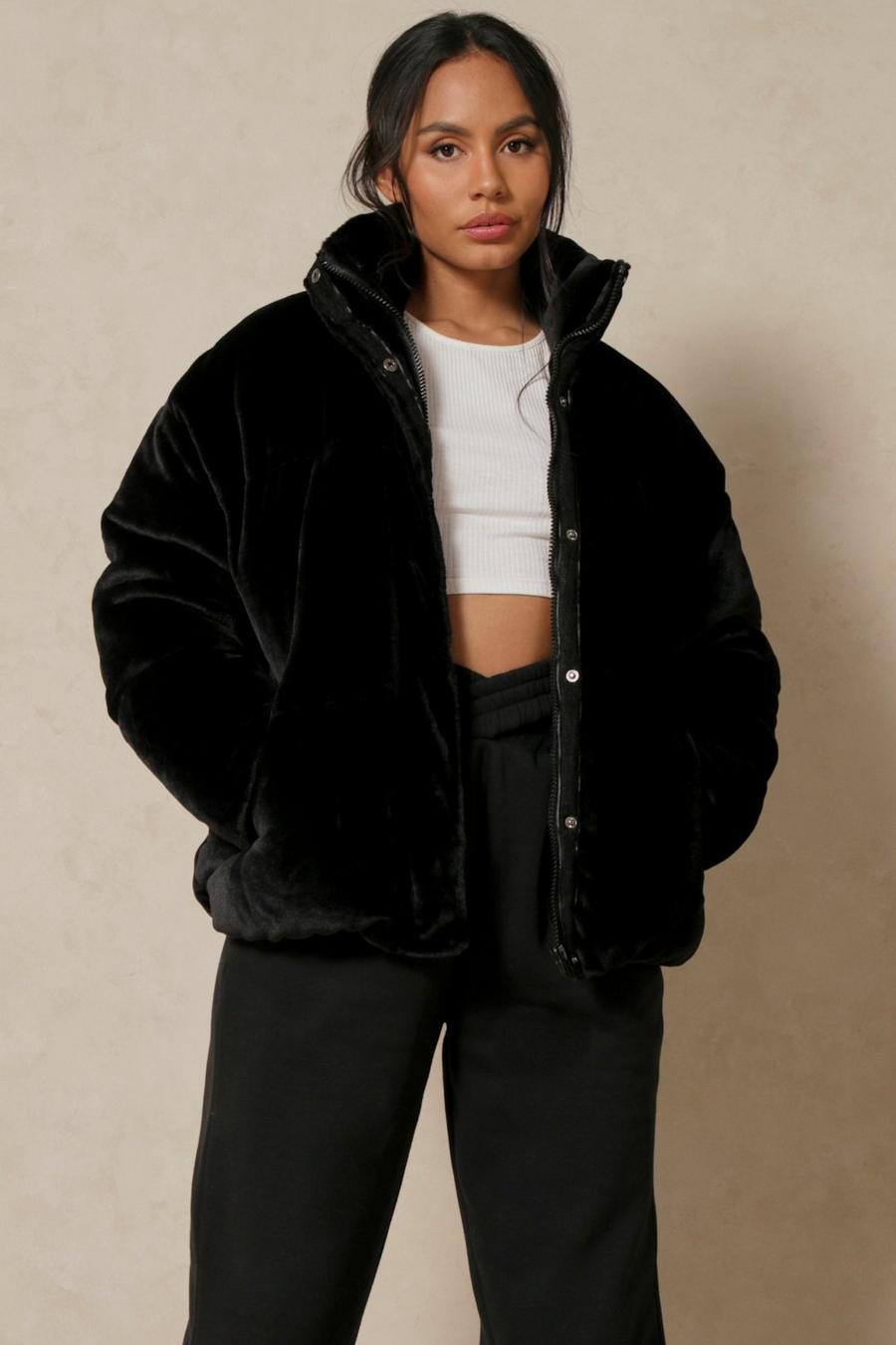 Black Faux Fur Puffer Jacket image number 1