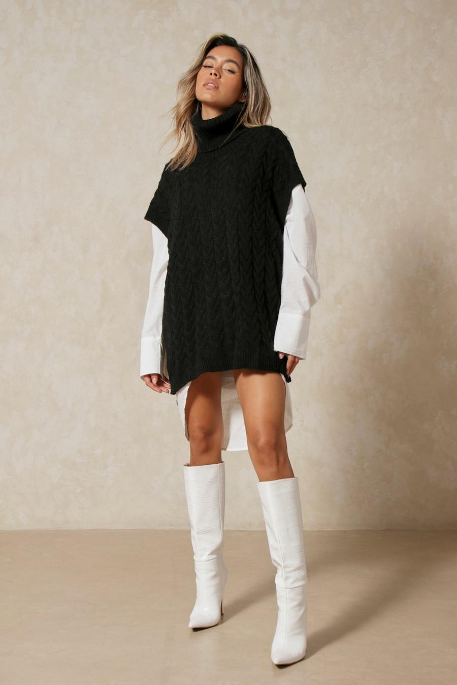 Black nero Cable Knit Roll Neck Jumper and Shirt