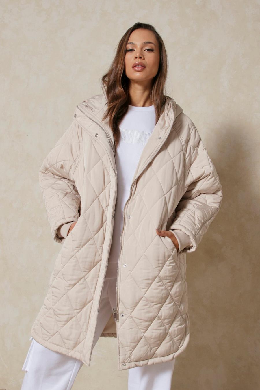 Cream Oversized Quilted Hooded Coat image number 1