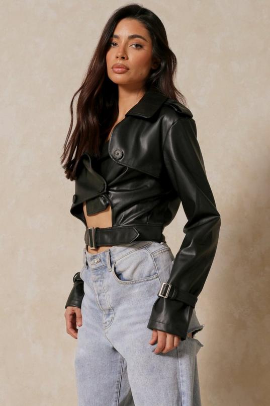 Misspap Leather Look Cut Out Belted Jacket | Boohoo UK