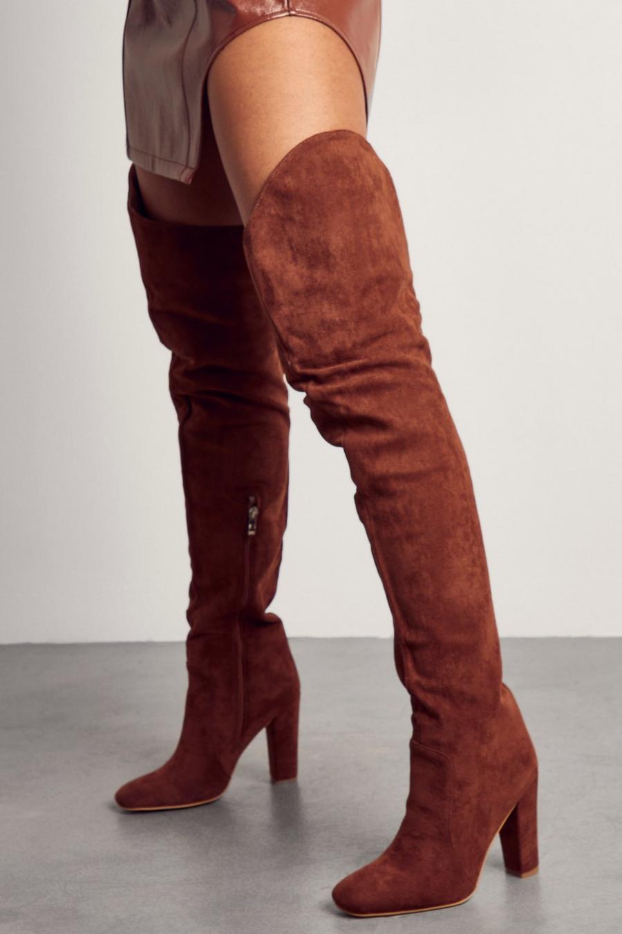 Chocolate Faux Suede Extreme Thigh High Boots image number 1