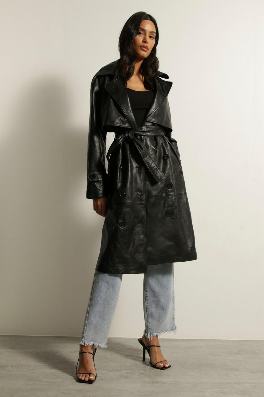 Black Premium Leather Trench Coat image number 1