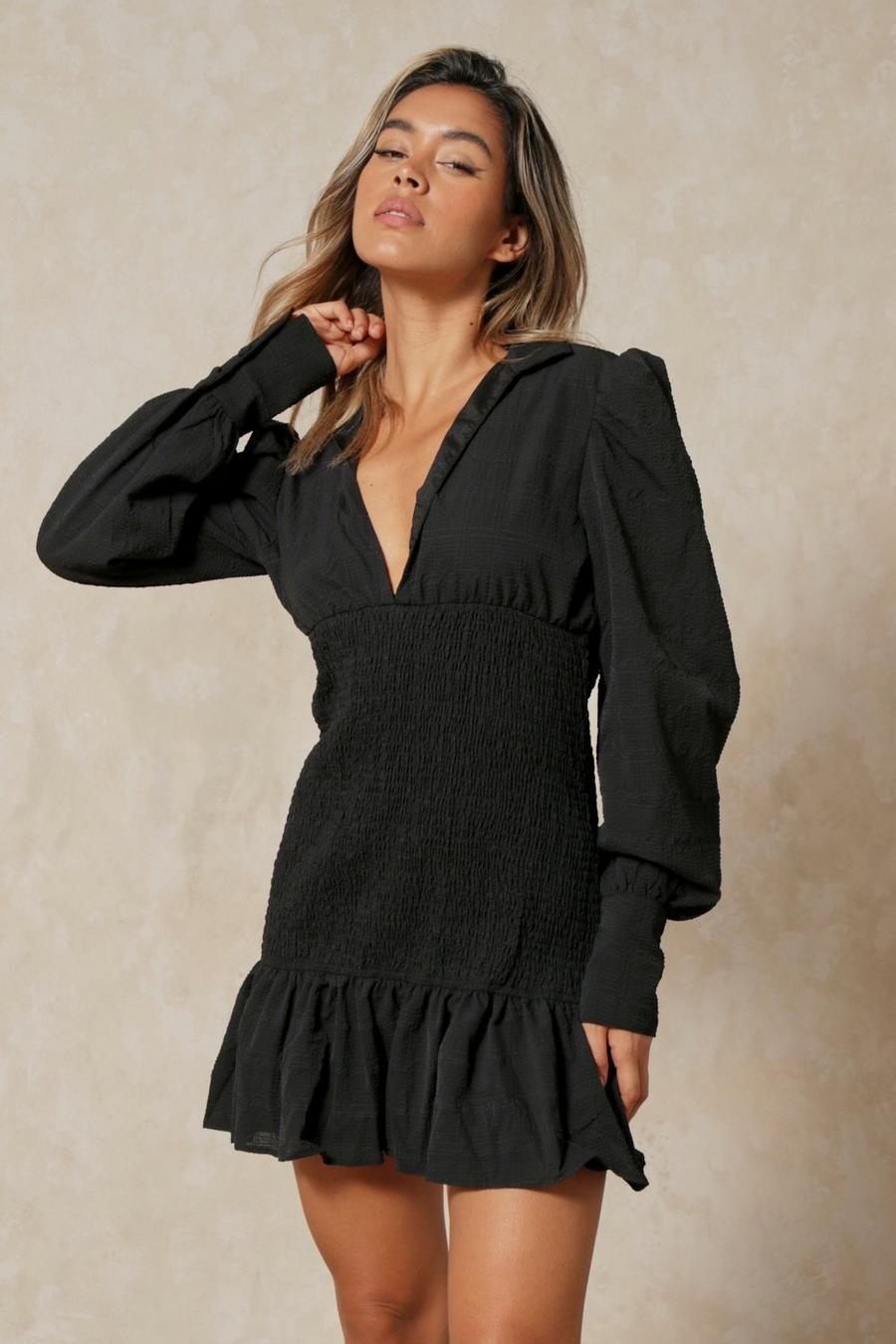 Black Textured Puff Sleeve Shirring Detail Dress image number 1