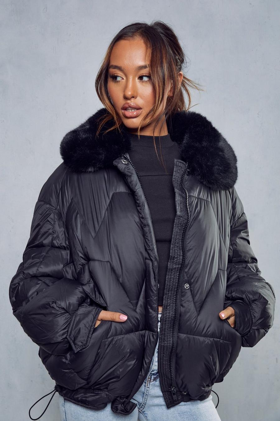 Black Faux Fur Quilted Puffer Coat image number 1