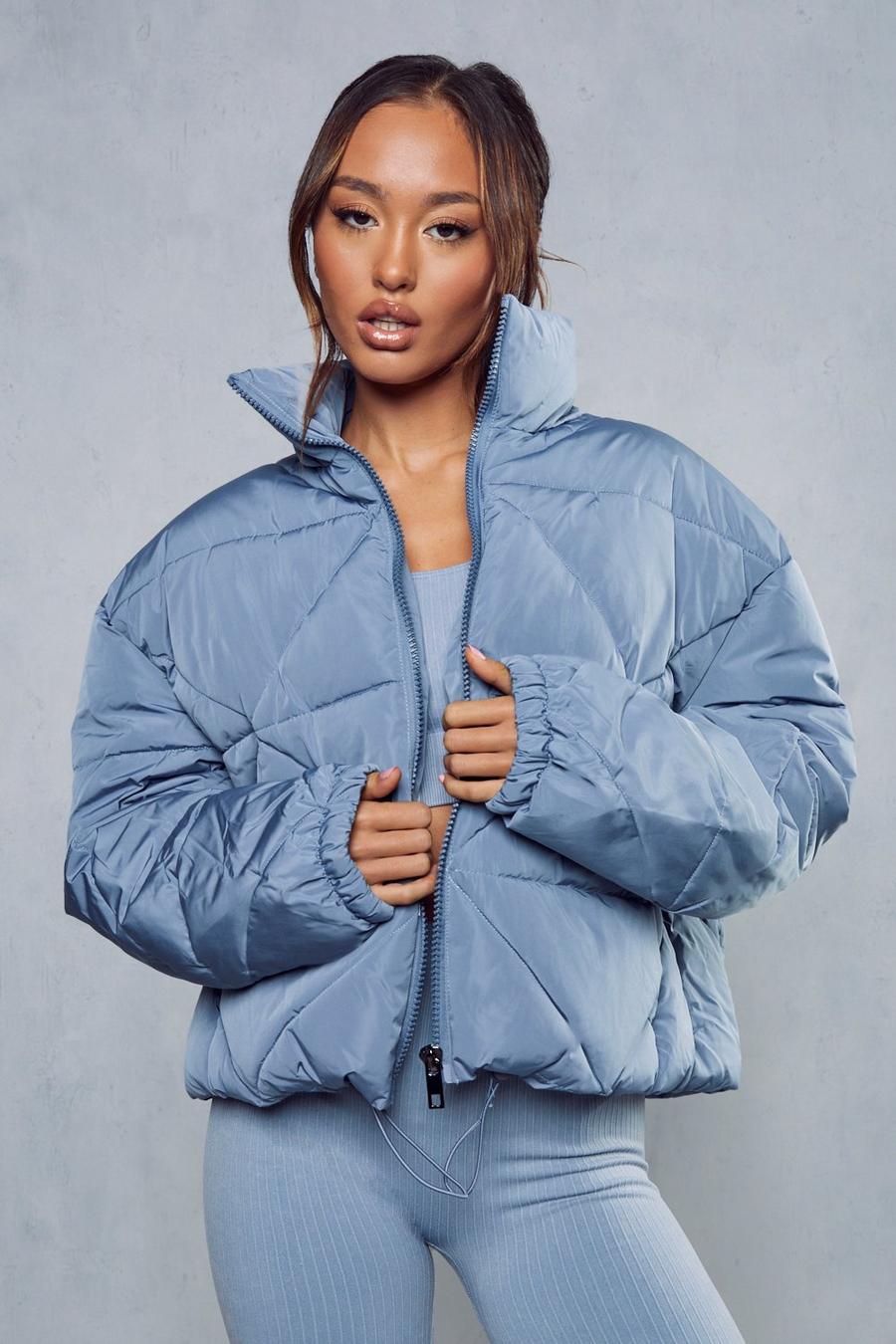 Blue Quilted Cropped Puffer Coat image number 1