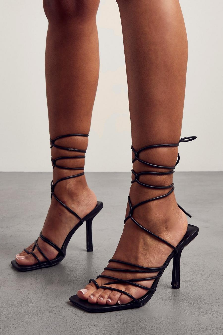 Black Lace Up Strappy Heels image number 1