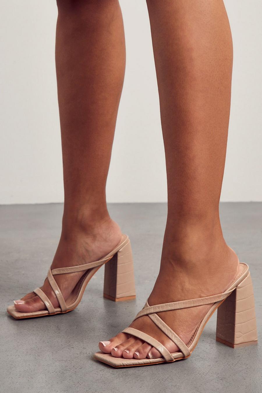 Nude Croc Strappy Block Heeled Mules image number 1