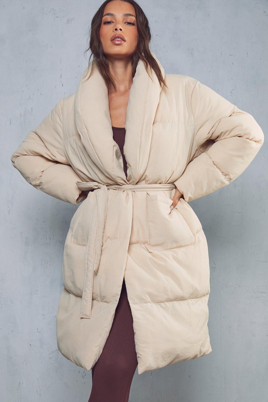Stone Belted Oversized Collar Maxi Puffer Coat image number 1