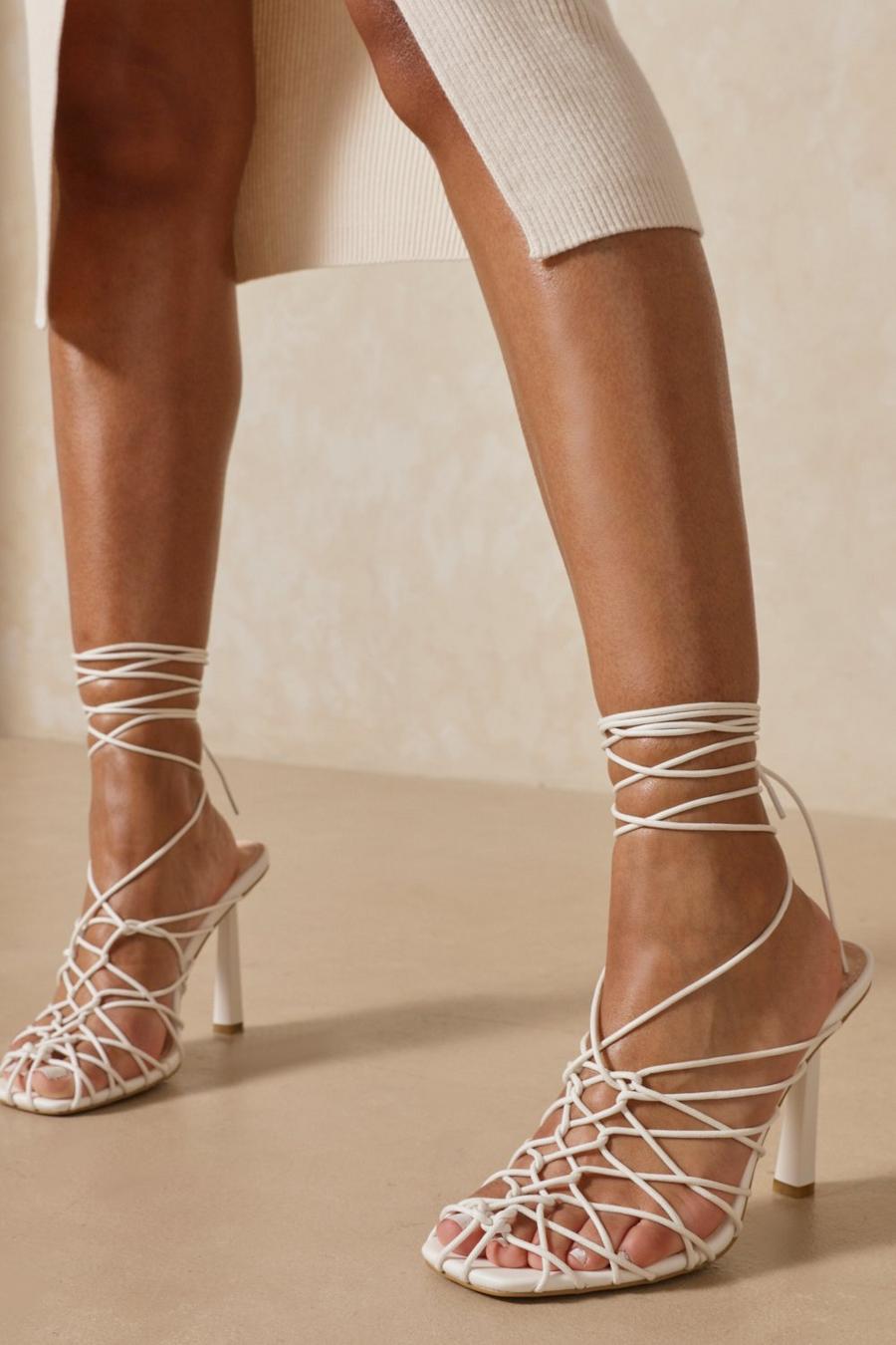 White Strappy Lace Up High Heels image number 1