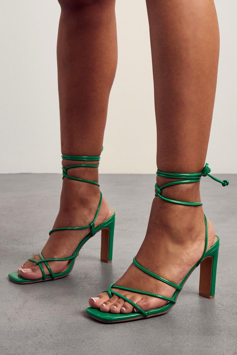 Green Strappy Tie Up Mid Heels image number 1