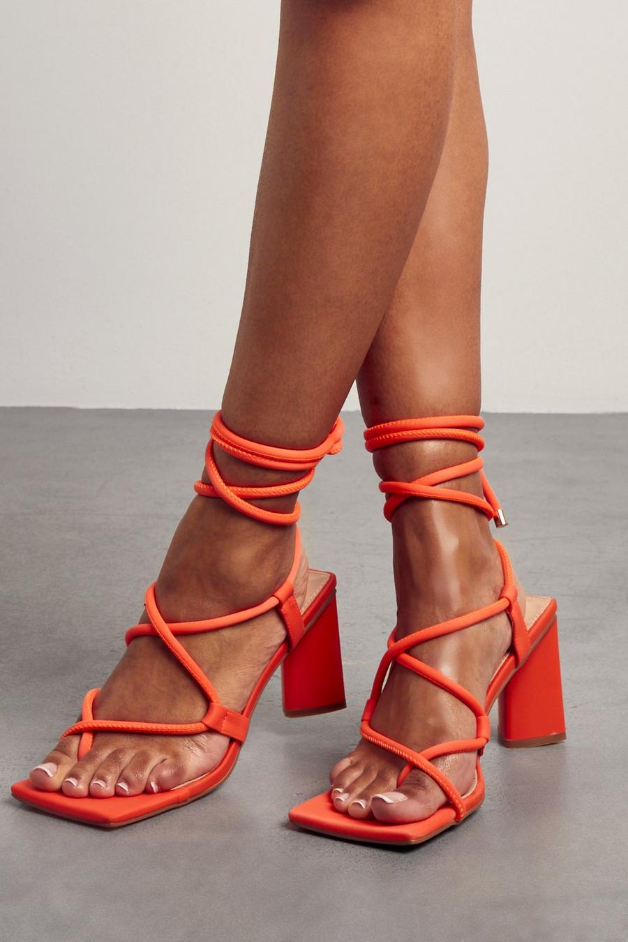 Orange Fabric Square Toe Tie Up Mid Heels image number 1