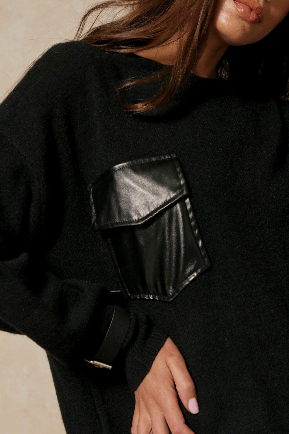 Leather Look Pocket & Cuff Detail Jumper