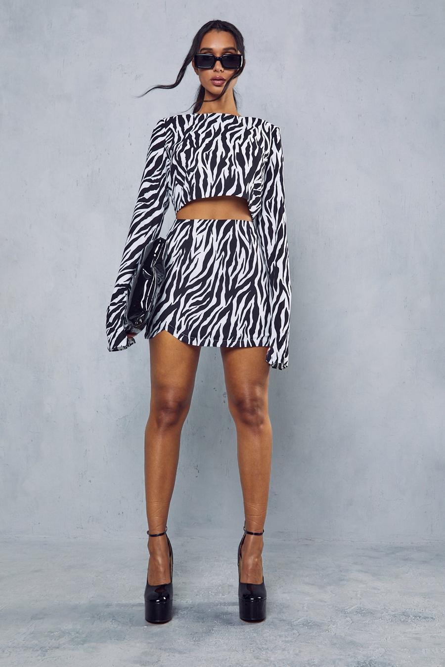 Black Zebra Print Shoulder Pad Top Skirt Co-ord image number 1
