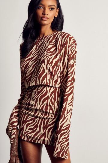 Zebra Print Shoulder Pad Top Skirt Co-ord brown