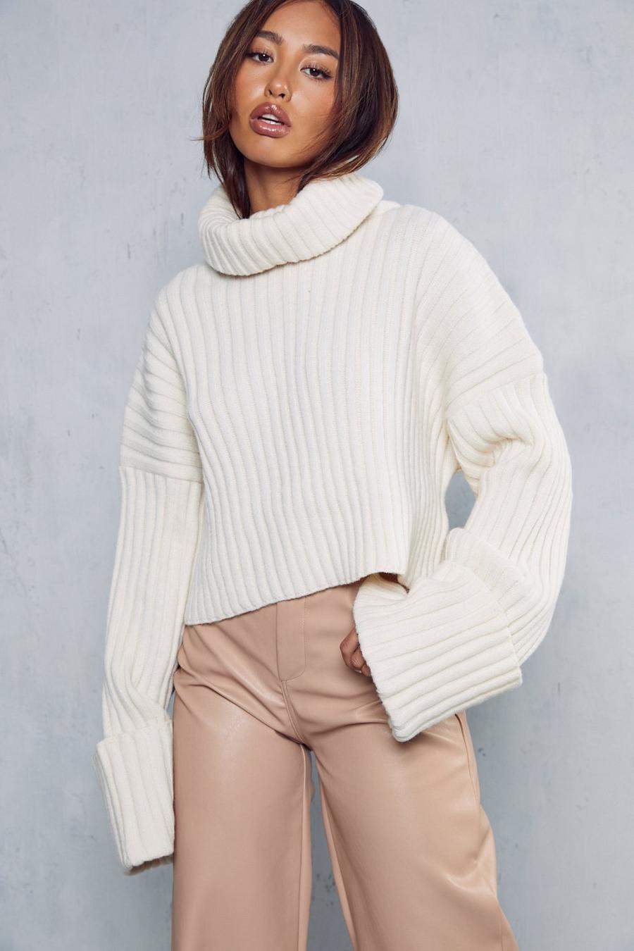 Off white Ribbed Roll Neck Cropped Jumper image number 1