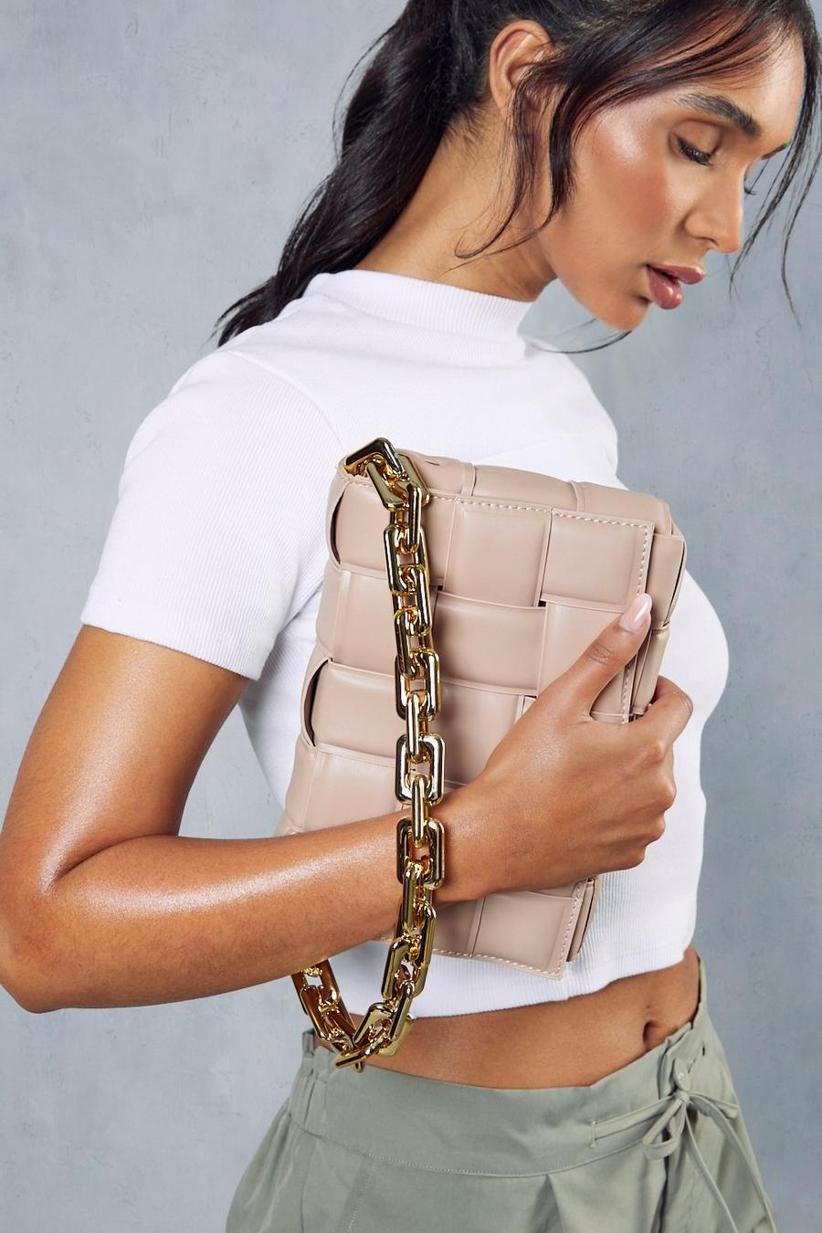Nude Leather Look Woven Chain Shoulder Bag image number 1