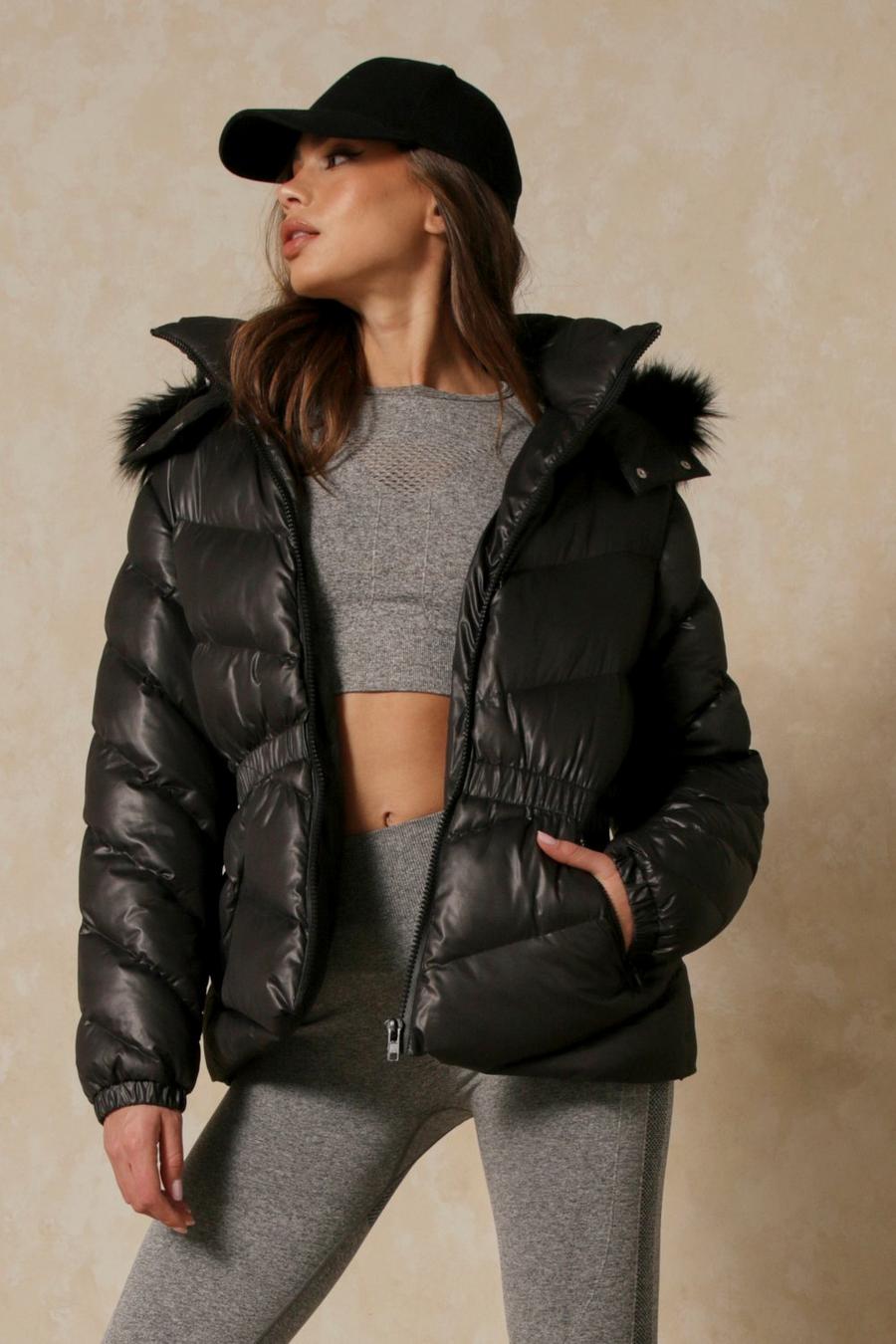 Black Gathered Waist Faux Fur Hooded Puffer Coat image number 1