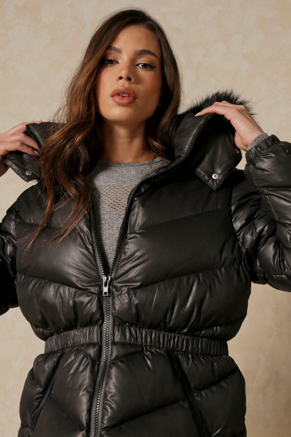 Boohoo padded coat with fur outlet trim and waist detail in black