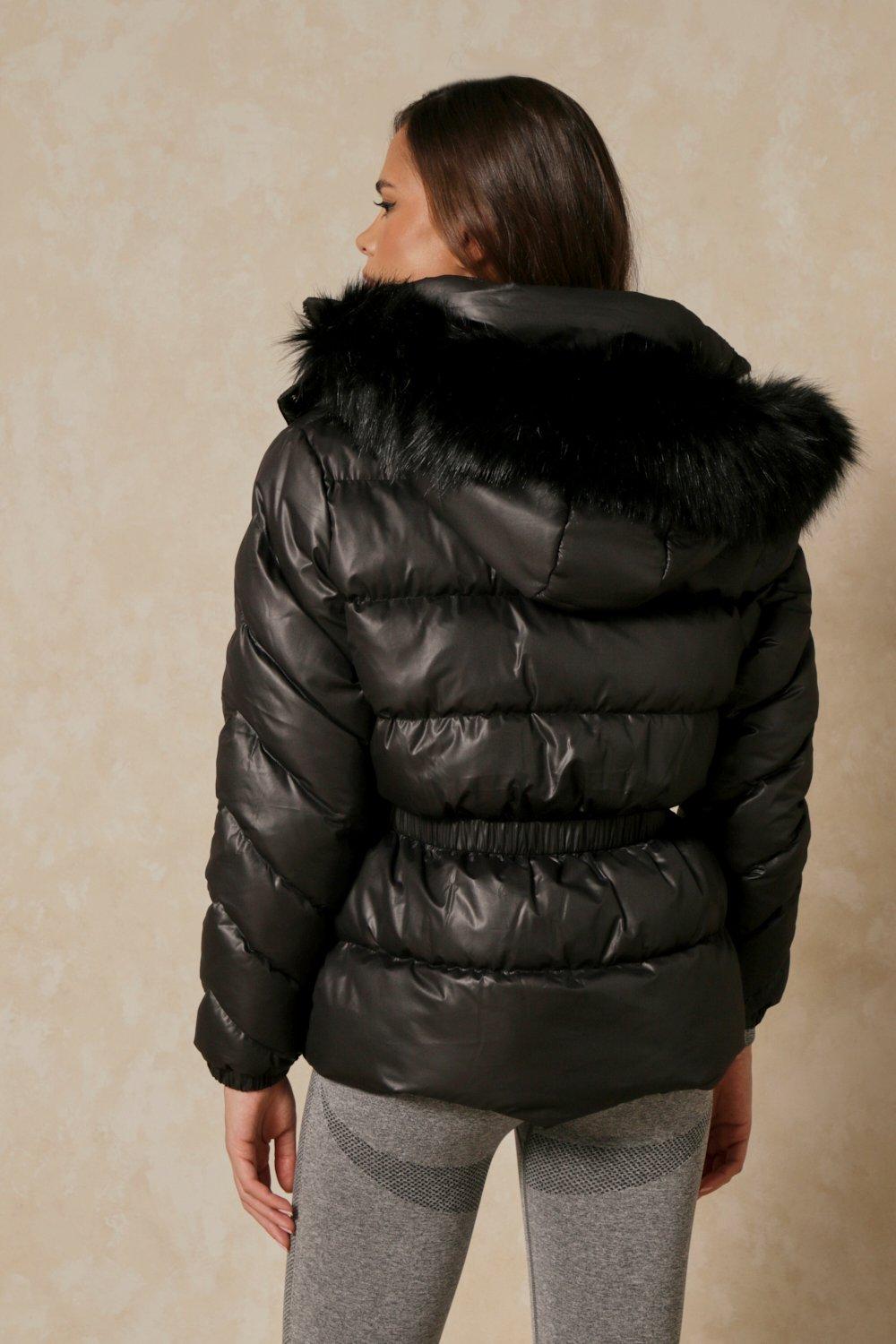 Boohoo padded coat with fur trim and waist detail in clearance black