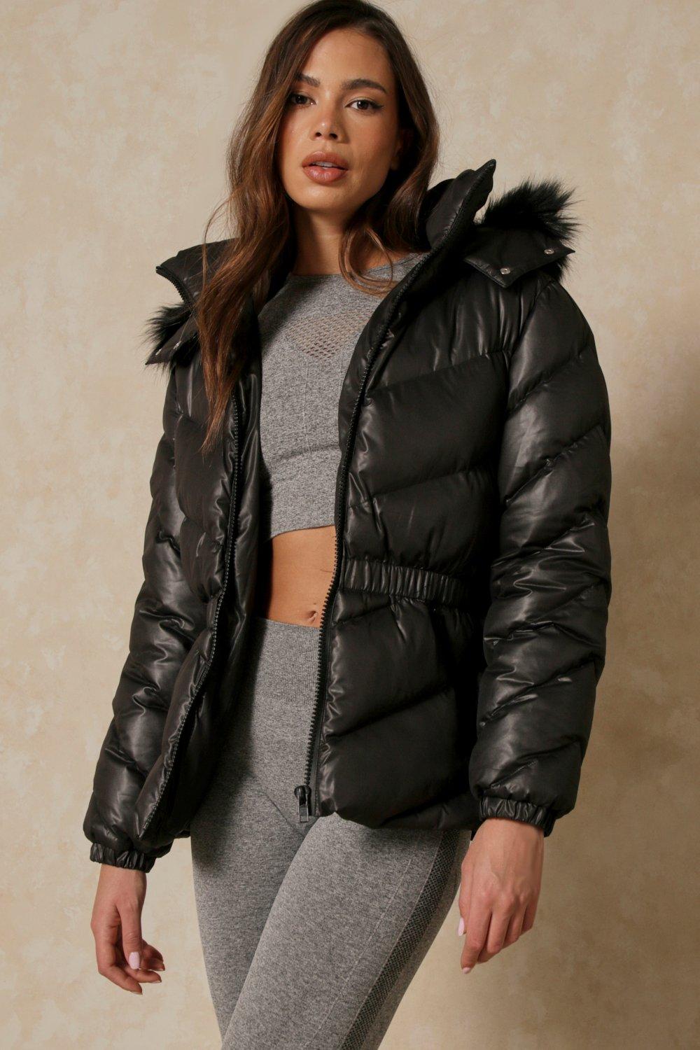 Boohoo padded coat with fur trim and waist detail in black sale