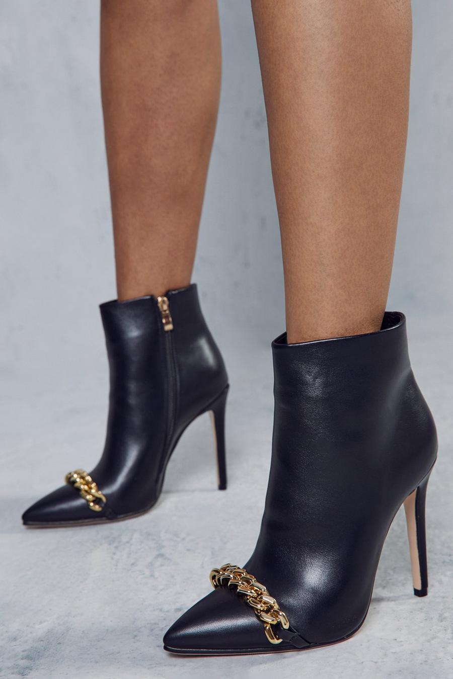 Black Chain Detail Heeled Ankle Boots image number 1