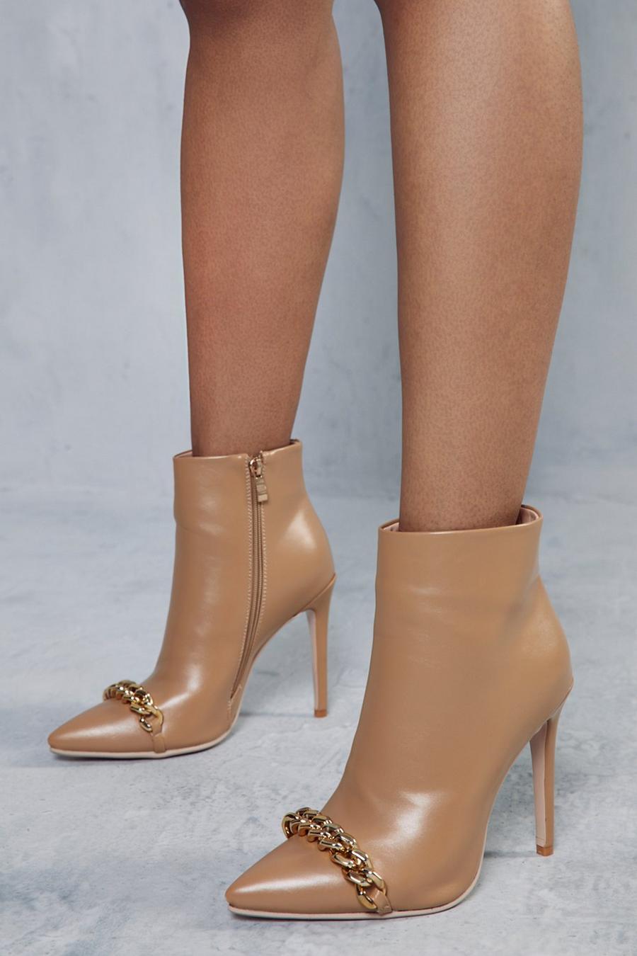 Camel Chain Detail Heeled Ankle Boots