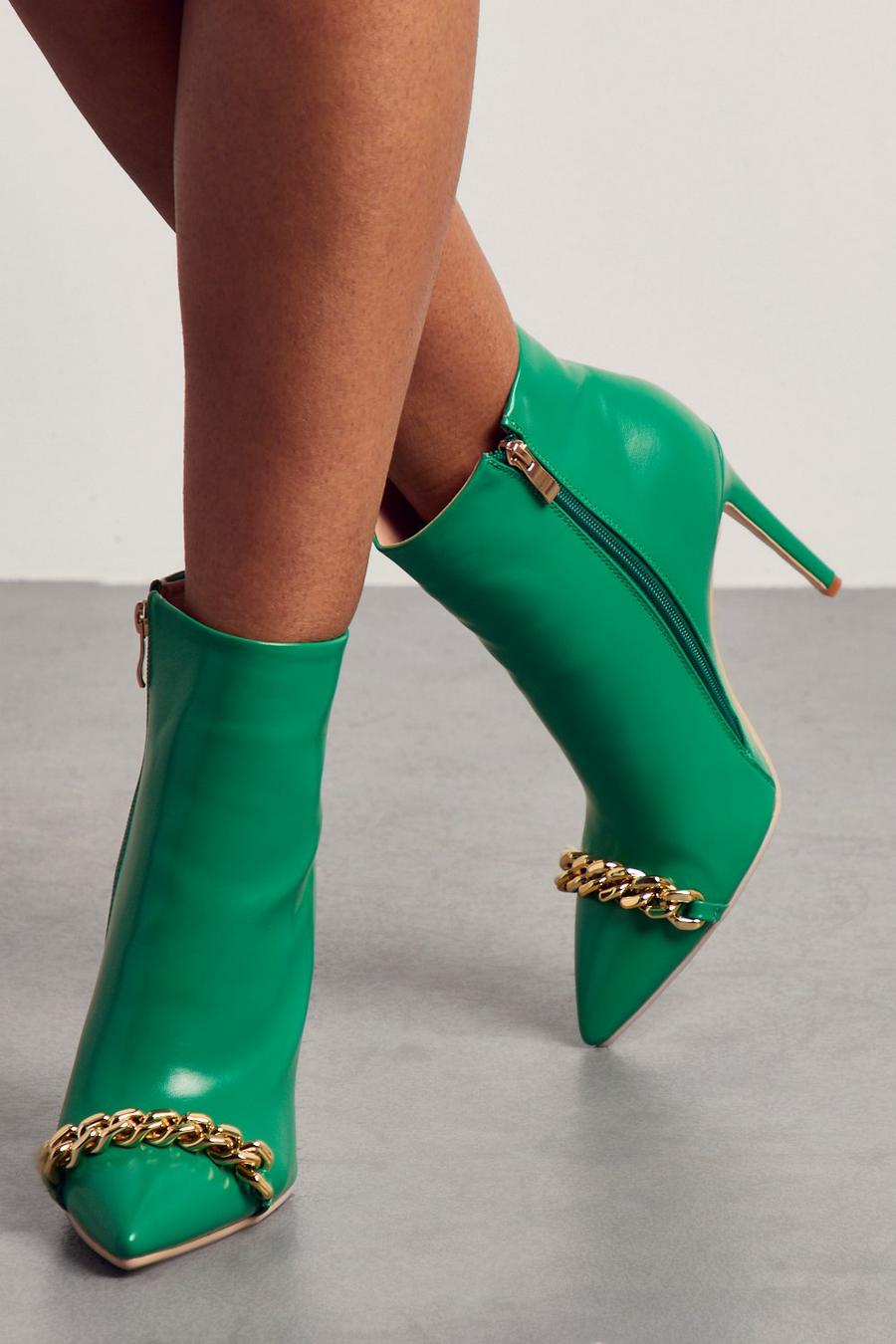 Green Chain Detail Heeled Ankle Boots image number 1