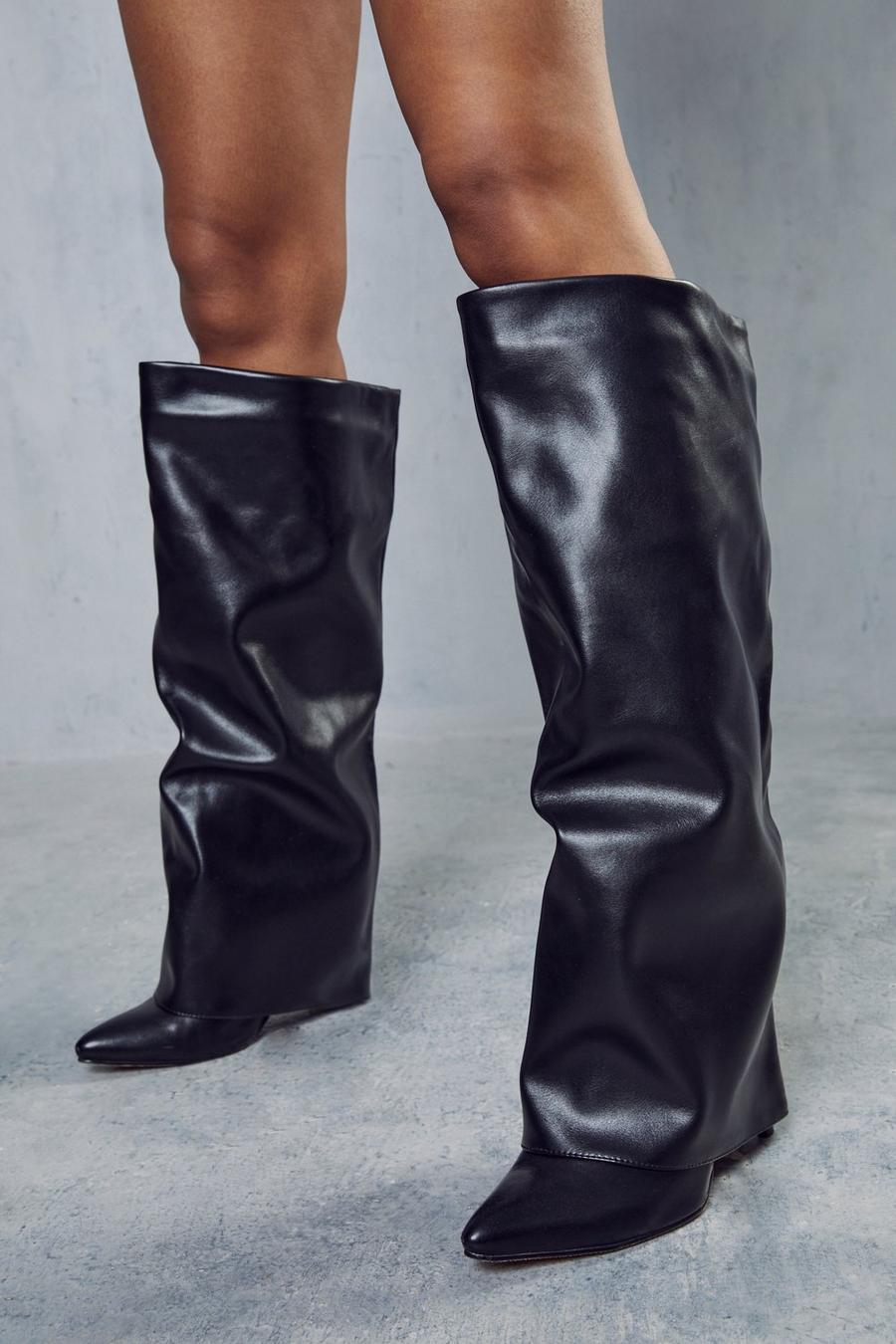 Misspap Folded Knee High Boots | Boohoo UK