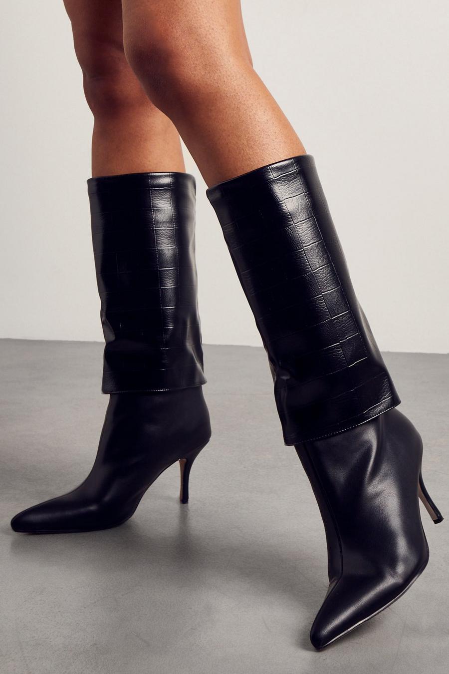 Black Quilted Folded Knee High Boots image number 1