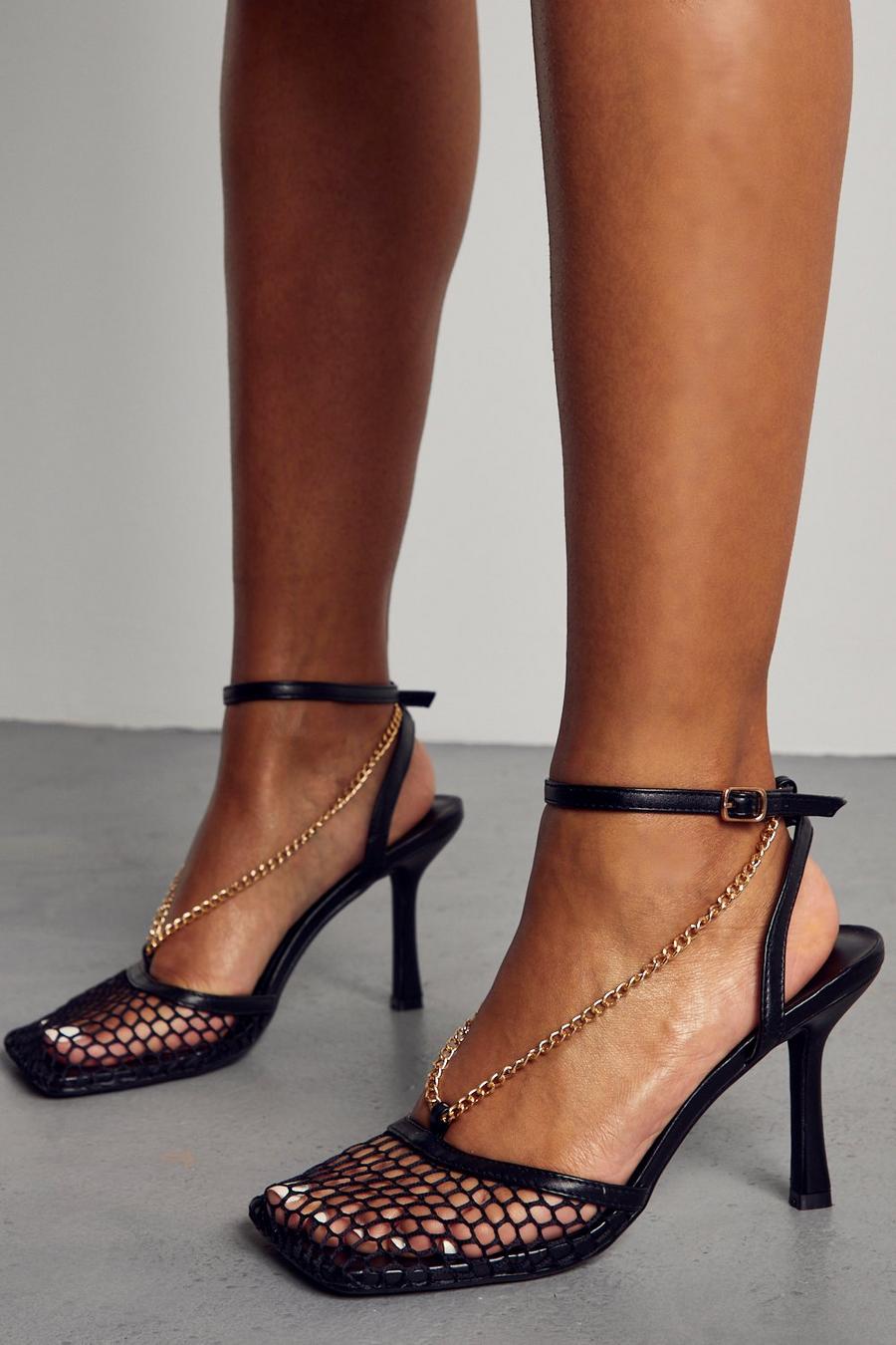Black Net Chain Detail Strappy Heels image number 1