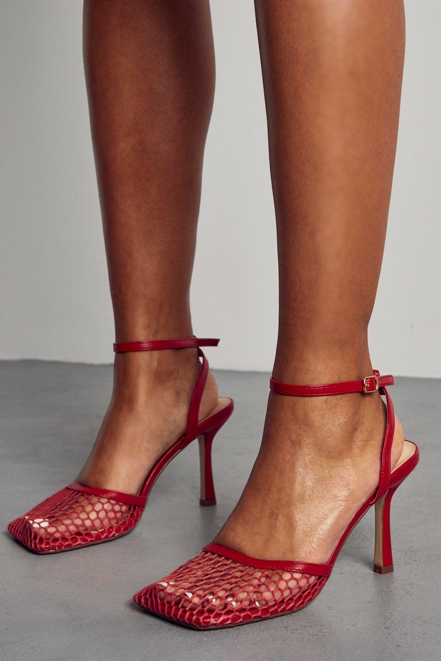 Red Net Chain Detail Strappy Heels image number 1