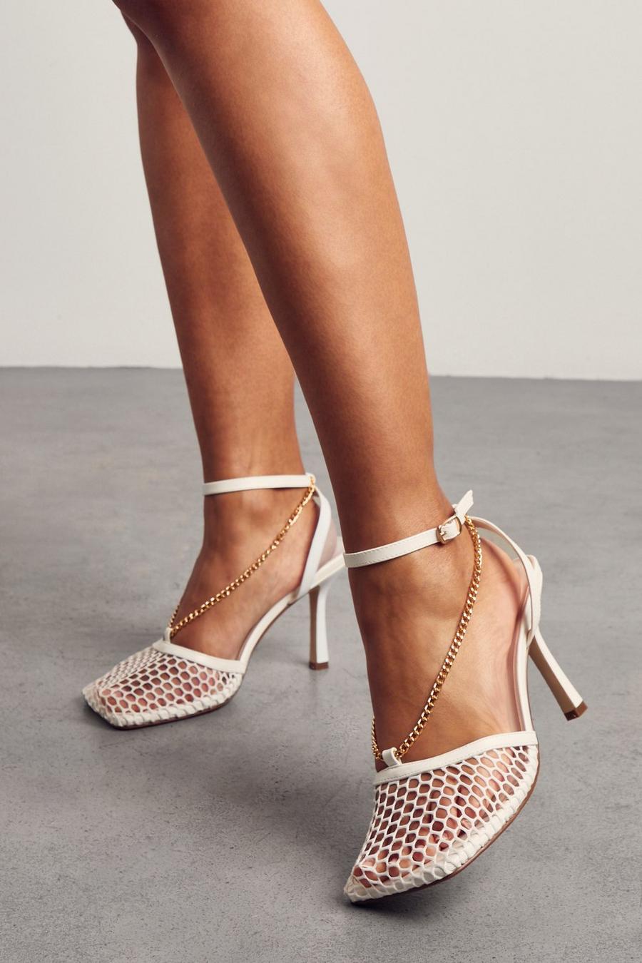 White Net Chain Detail Strappy Heels image number 1