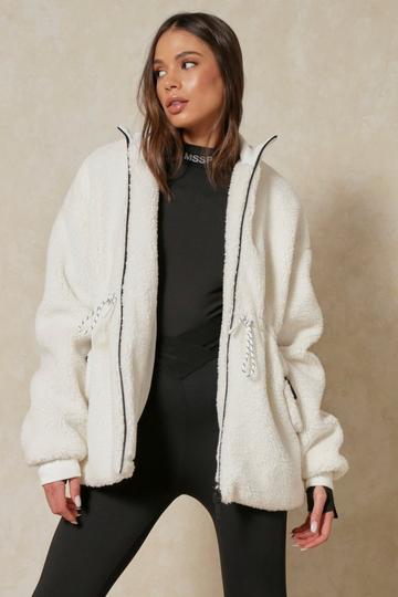 Drawstring Detail Zip Front Teddy Jacket cream