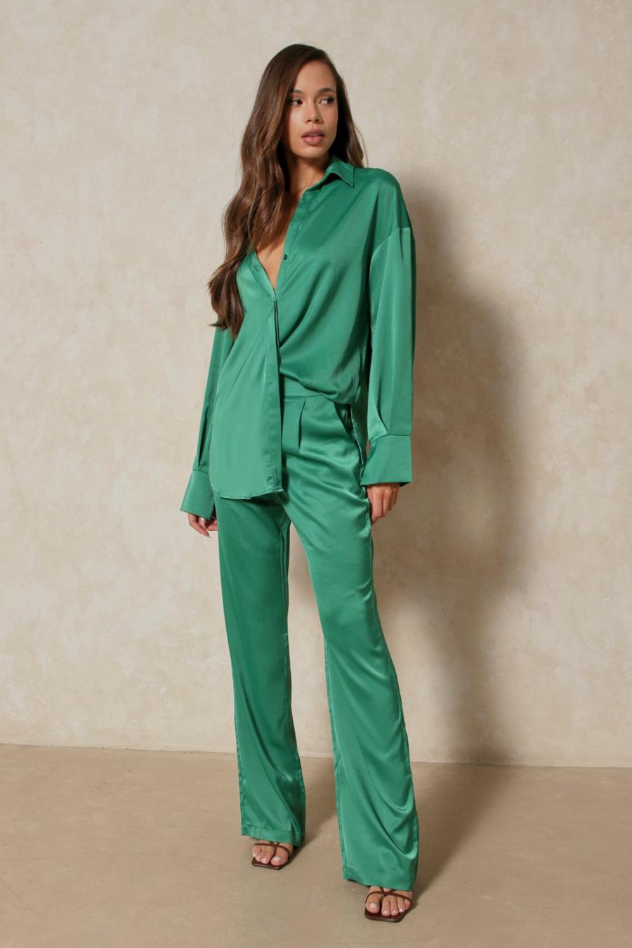 Green Oversized Relaxed Satin Trousers image number 1