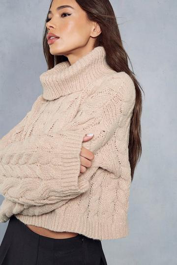 Cropped Cable Knit Roll Neck Jumper cream