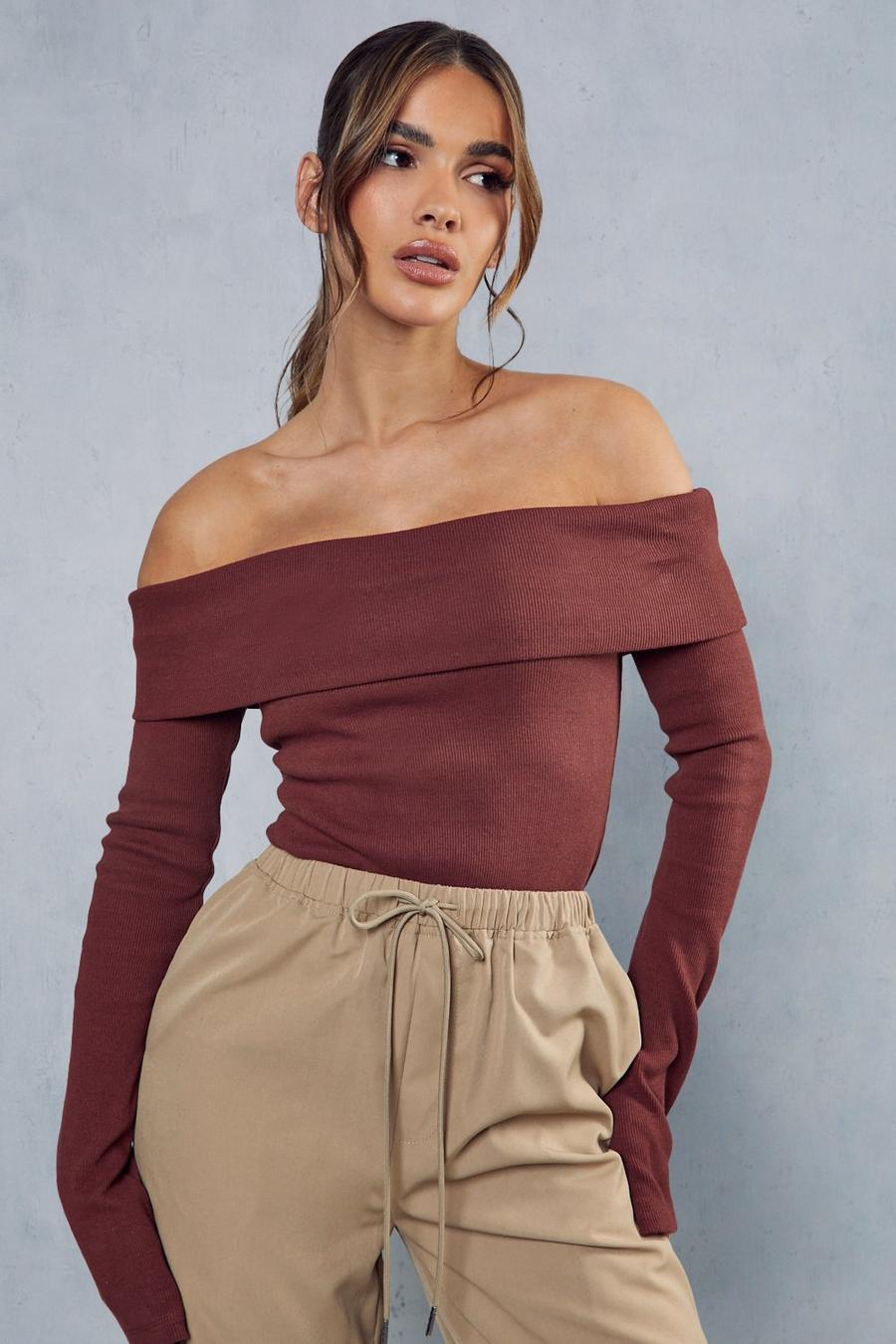 Chocolate Ribbed Off The Shoulder Long Sleeve Top image number 1