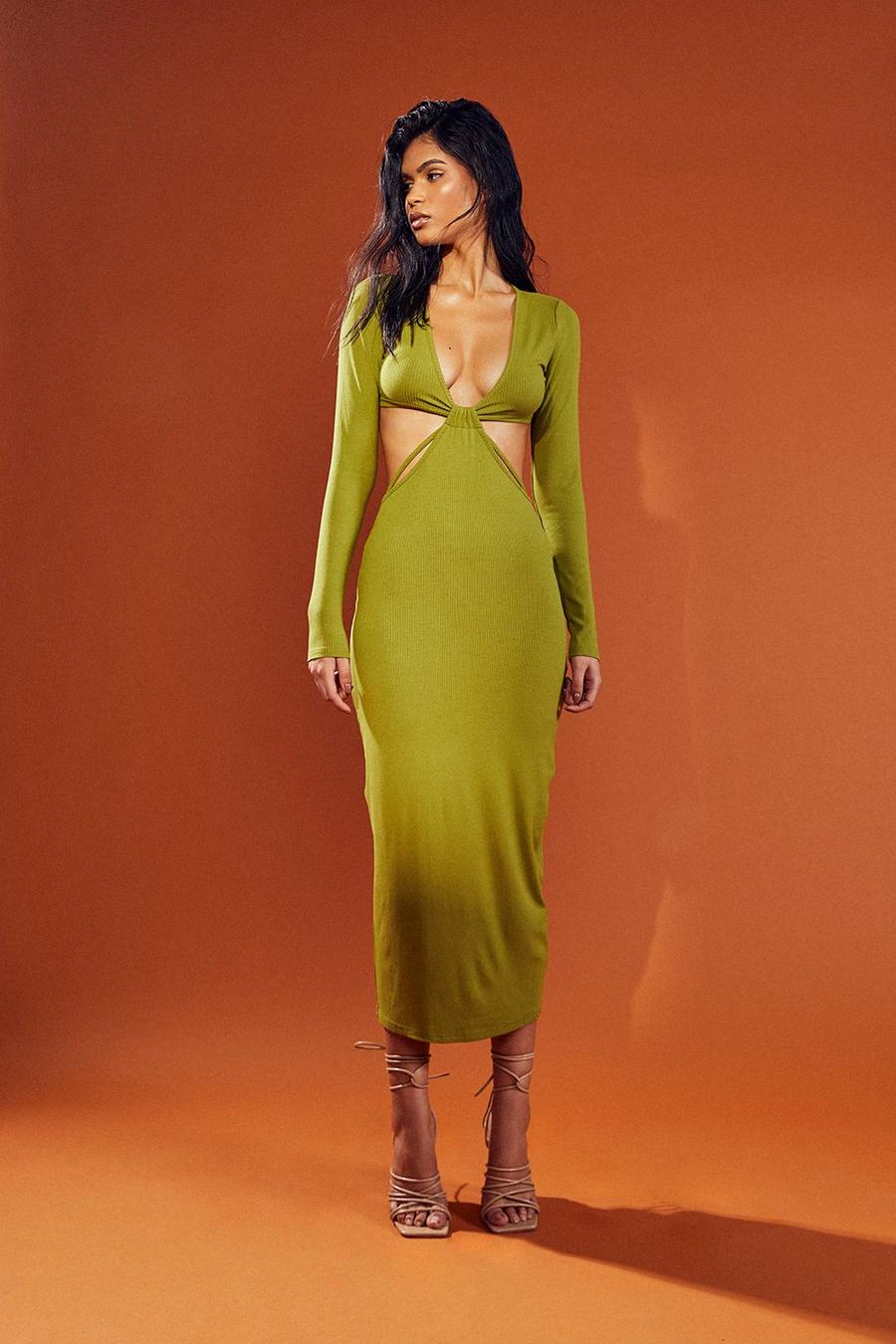 Green Soft Rib Cut Out Knot Front Maxi Dress image number 1