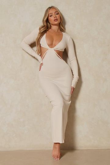 Stone Beige Soft Rib Cut Out Knot Front Maxi Dress