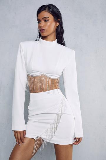 Diamante Fringed Mini Skirt white