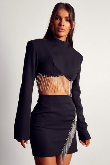 Diamante Fringed High Neck Top black