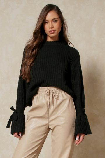 Black Oversized Tie Sleeve Rib Knit Jumper