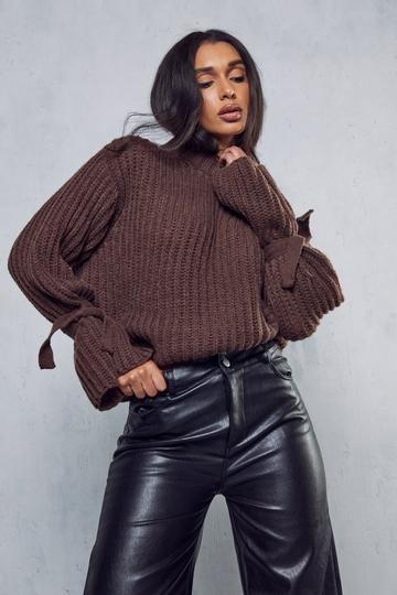 Oversized Tie Sleeve Rib Knit Jumper chocolate