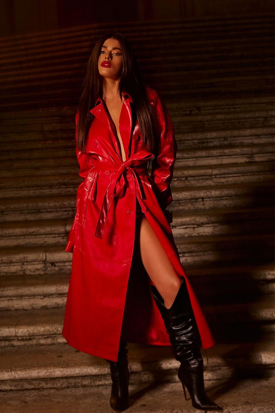 Tamara High Shine Trench Coat, Red