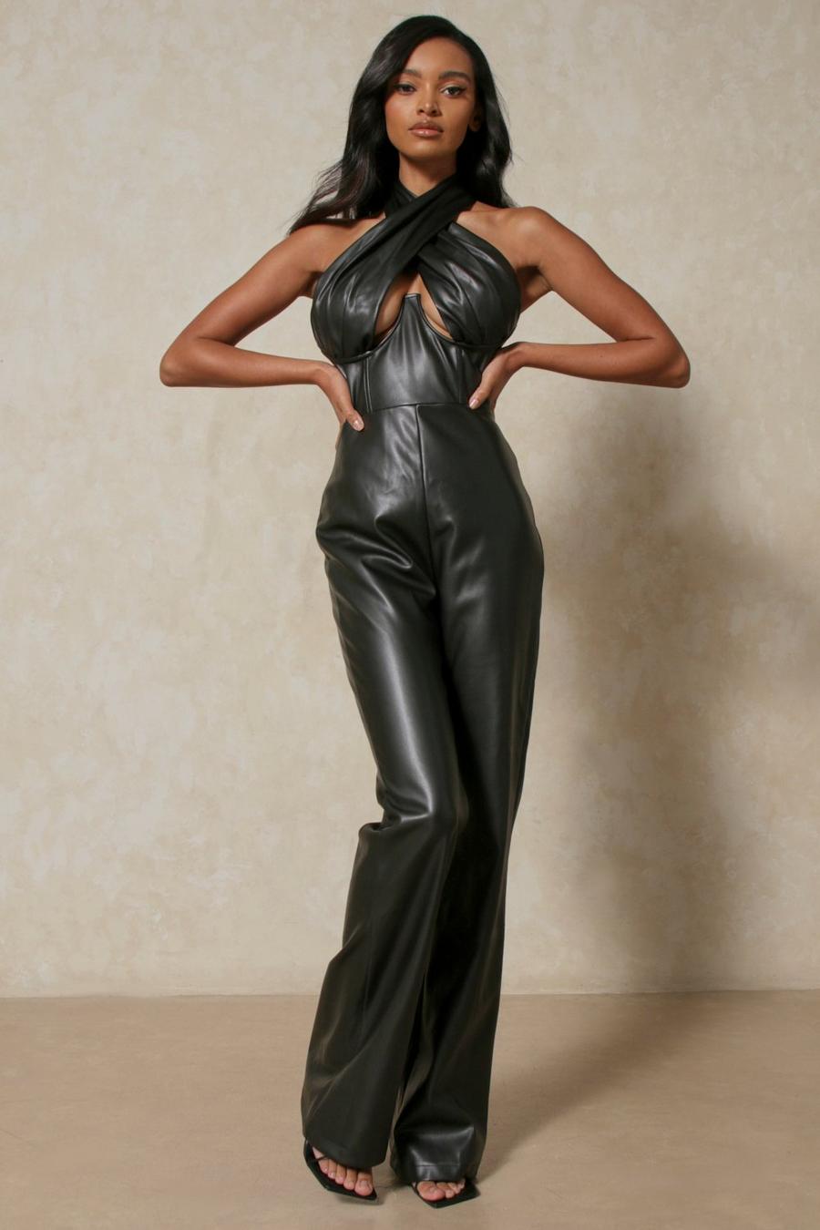 Black Leather Look Cross Over Jumpsuit image number 1