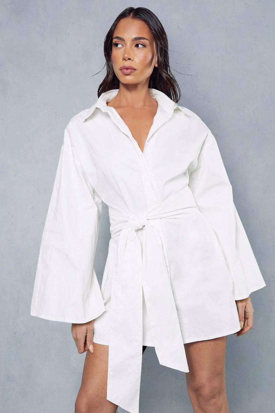 White Kimono Sleeve Oversized Belted Shirt Dress image number 1