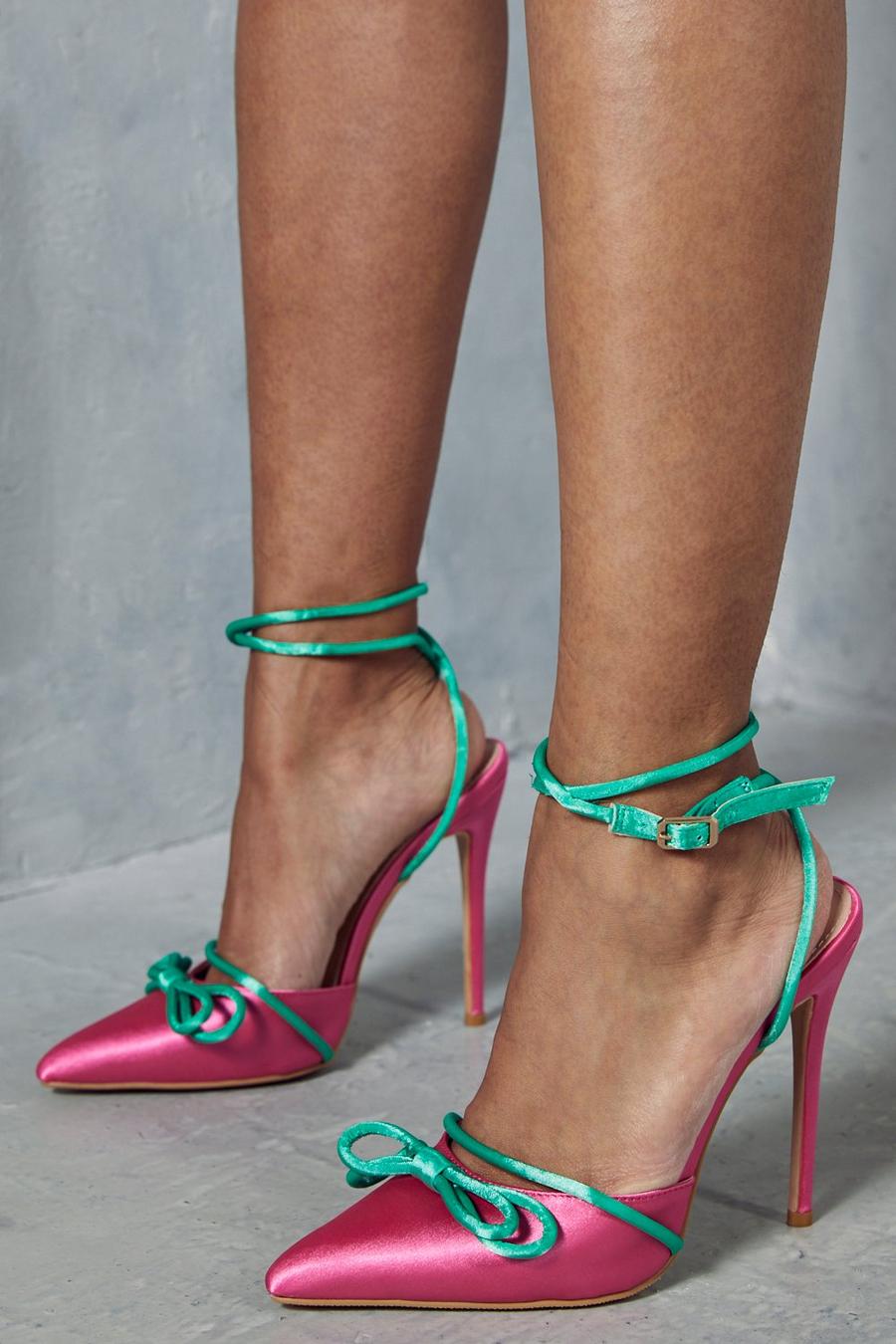 Pink Pointed Bow Detail High Heels image number 1