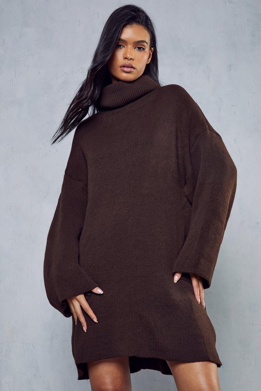 Chocolate Oversized Turtle Neck Knitted Dress image number 1