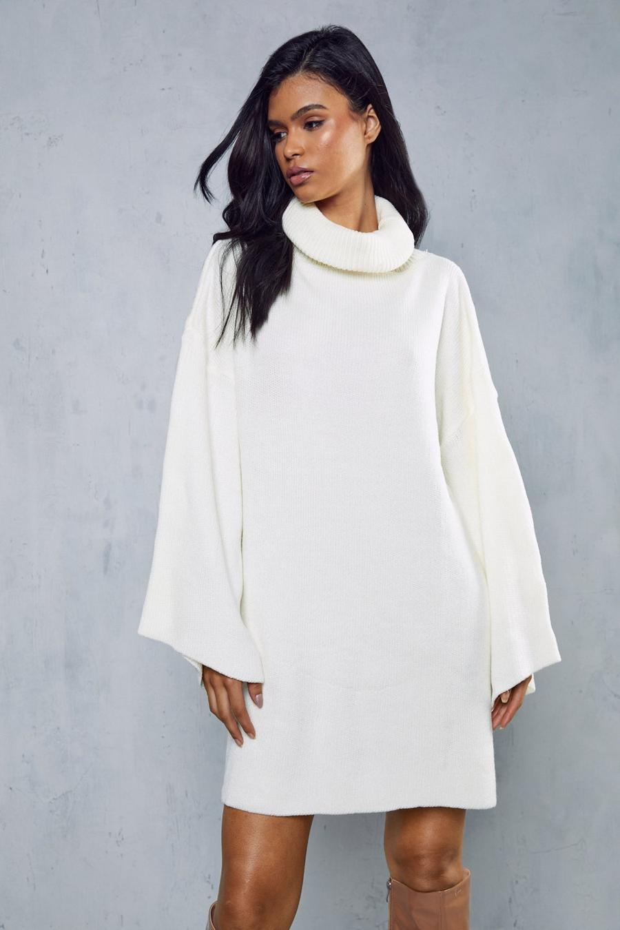 Cream Oversized Turtle Neck Knitted Dress image number 1