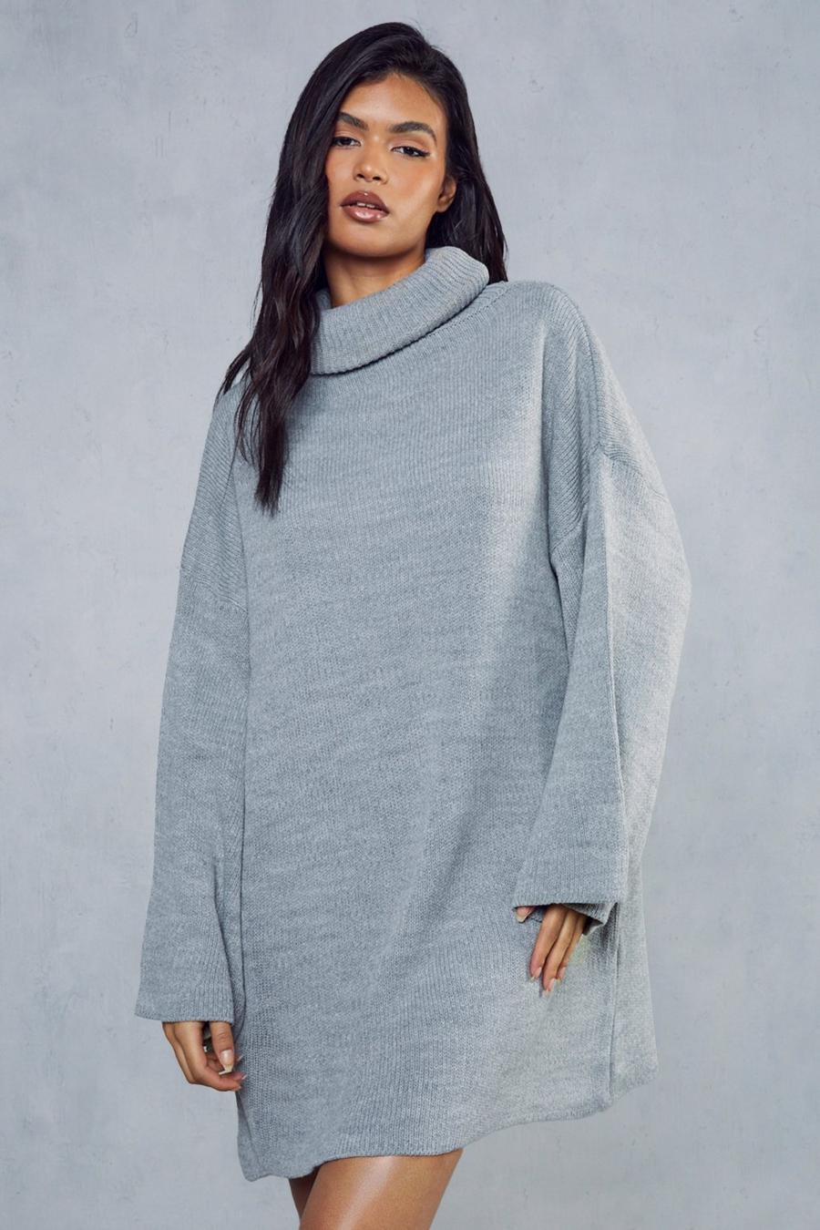 Grey Oversized Turtle Neck Knitted Dress image number 1