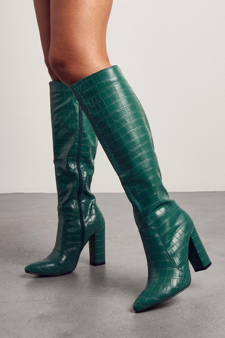 Green Croc Knee High Heeled Boots image number 1